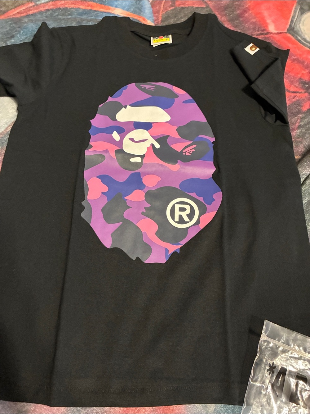 Black Graphic Tee with Purple-Pink Camo Ape Logo